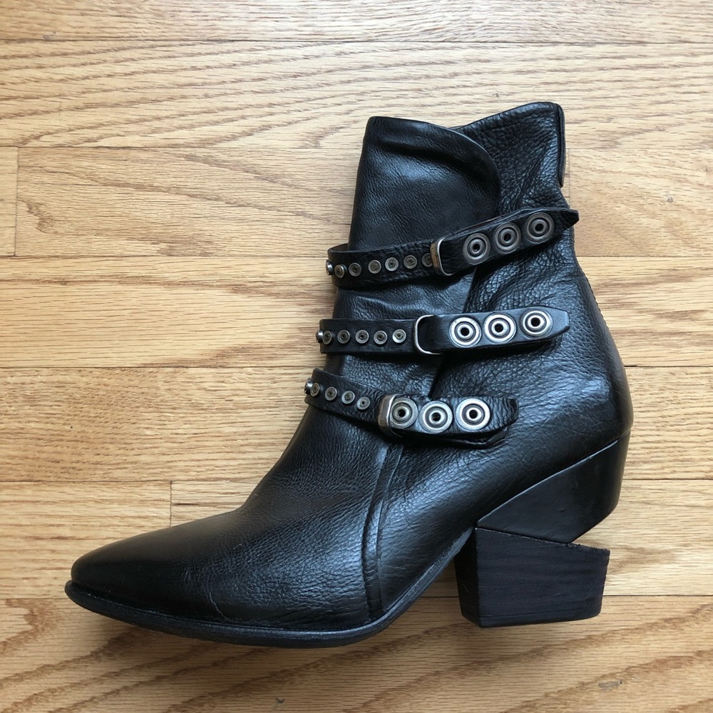 A.S. 98 Black Leather Booties Studded Straps Cut Out Heel Size 39 (US 8.5)